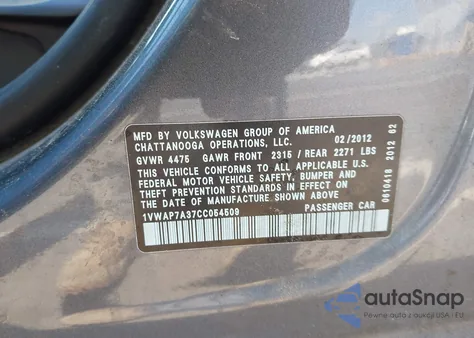 2012 Volkswagen Passat 2.5L S из США, поврежденный, VIN 1VWAP7A37CC054509